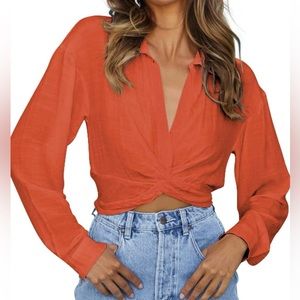 Women's V Neck Twist Hem Blouse Long Sleeve Crop Top Casual Button Shirts